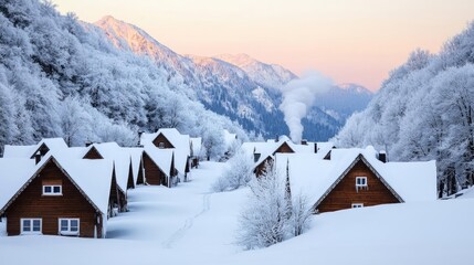 Mountain village nature concept. Scenic winter village surrounded by snow-covered mountains at sunset.