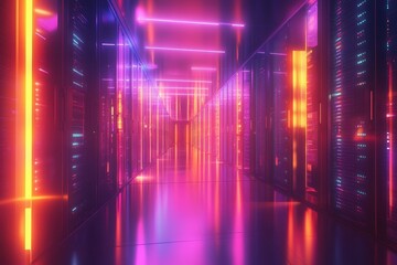 Futuristic Neon-Lit Data Center Corridor with Vibrant Colors and Reflective Surfaces Showcasing Advanced Technology and Modern Infrastructure