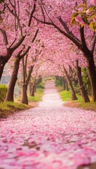Naklejka premium Tranquil scene of a pathway surrounded by blooming cherry blossom trees and petals for reflection