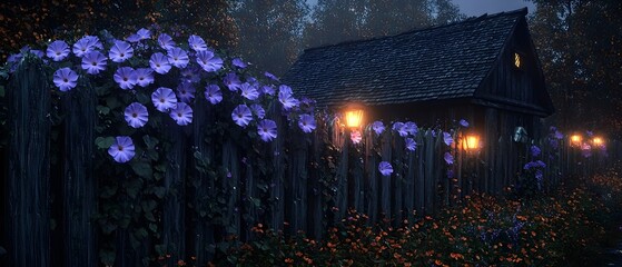 An enchanting scene of a rustic wooden cottage surrounded by vibrant purple flowers and glowing lanterns, evoking a magical twilight atmosphere.