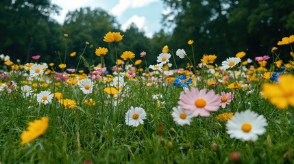 Obraz premium Colorful wildflowers bloom in a summer meadow, trees in background; nature scene