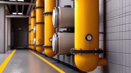Industrial setting featuring large yellow pipes with gauges, highlighting a structured environment with clear pathways and functional design.