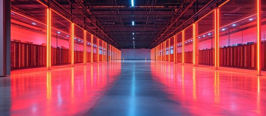 Fototapeta premium Futuristic Data Center Interior with Vibrant Red Neon Lights and Reflective Flooring Creating a High-Tech Atmosphere