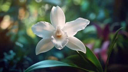 Obraz premium Close-up of a white orchid blooming in a serene tropical garden setting