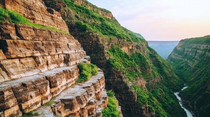 River canyon nature idea. Breathtaking canyon landscape showcasing vibrant greenery and majestic rock formations.