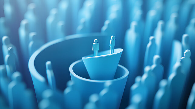 Convert customers into sales. Lead generation concept. Marketing funnel conversion rate, adverting, campaign, market analysis, audience outreach. 3D marketing funnel attracting audience 