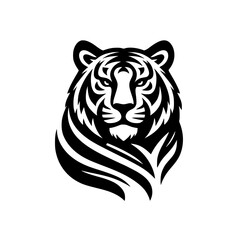 Majestic Tiger Head: Black and White Vector Illustration. Perfect for logos, graphic designs, and wildlife art. A powerful symbol of strength and nature.