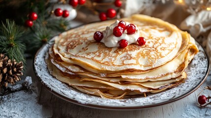 Festive stacked french crepes for shrovetide with various delicious fillings in a realistic scene