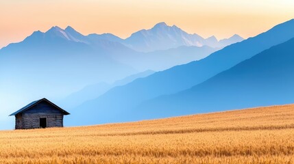 Mountain village nature concept. A serene farmhouse against majestic mountains and golden fields during sunset.