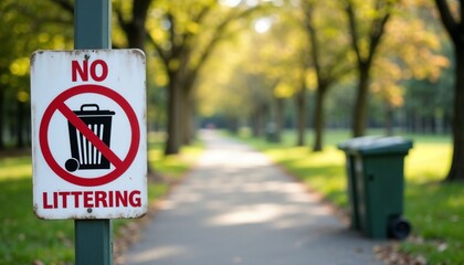 A bold street sign mounted on a pole with a red "NO LITTERING" warning. Positioned in a green park, it highlights community responsibility, public cleanliness, sustainability awareness in urban spaces