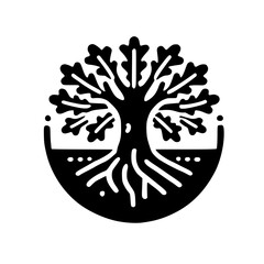 Majestic Oak Tree: A Black and White Minimalist Nature Illustration. Symbolic artwork representing growth, life, and roots.