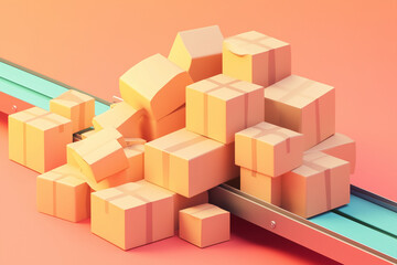 Fototapeta premium 3d rendering container box on line process conveyor belt in industrial factory, Plenty of carton box stuck on conveyor belt, Bottleneck process in manufacturing.