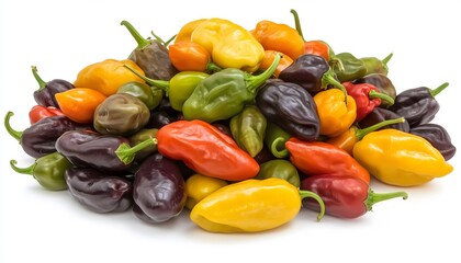 A pile of colorful chilis isolated on a white background
