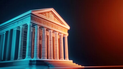 Obraz premium Law restriction framework concept. A glowing framework of interconnected legal codes surrounding a courthouse, symbolizing order and restriction