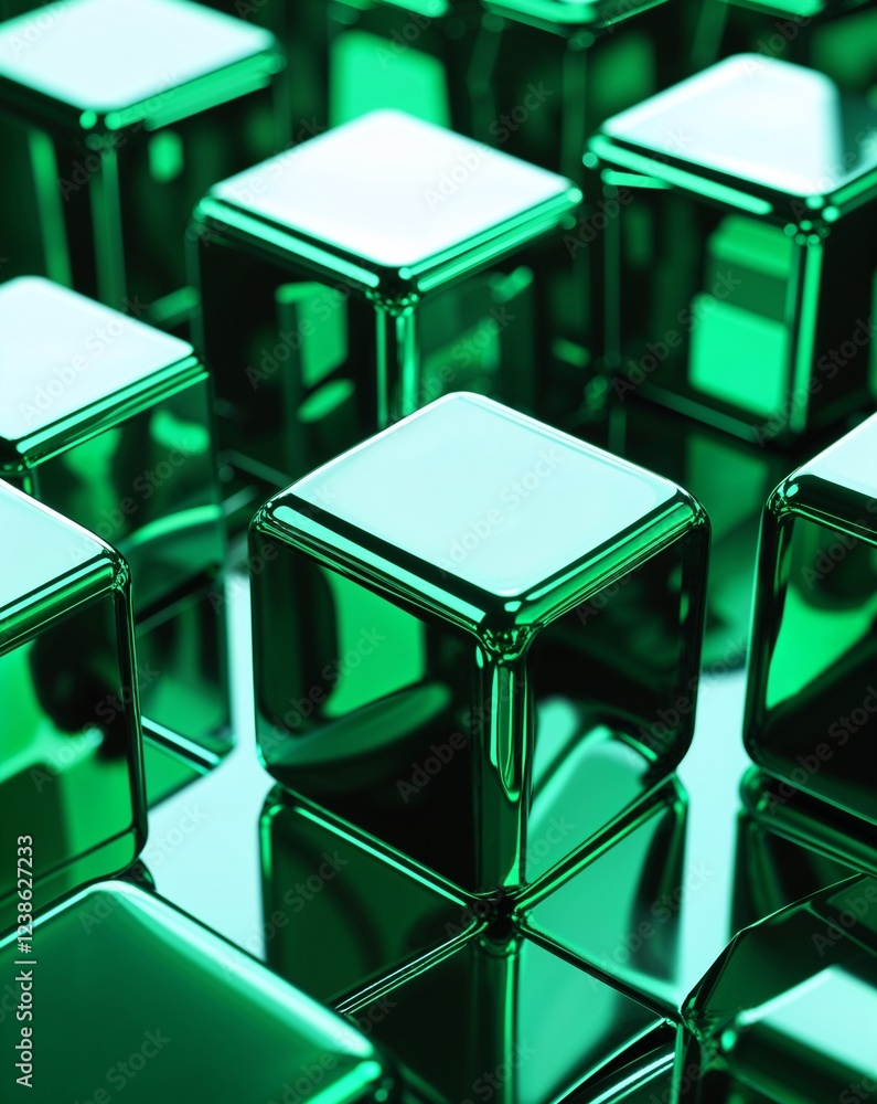 Poster green metallic cubes with polished chrome like reflections and sharp edges abstract background
