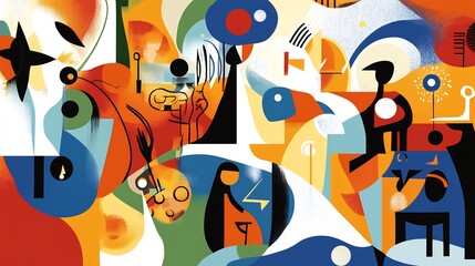 Abstract scene representing cultural diffusion through shared traditions and rituals across diverse societies