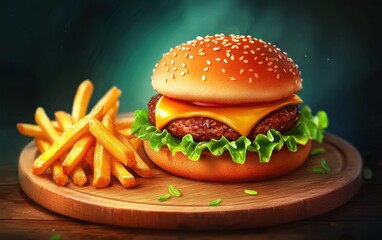 Gourmet burger with crispy fries and fresh lettuce on a wooden plate, set against a dark moody background