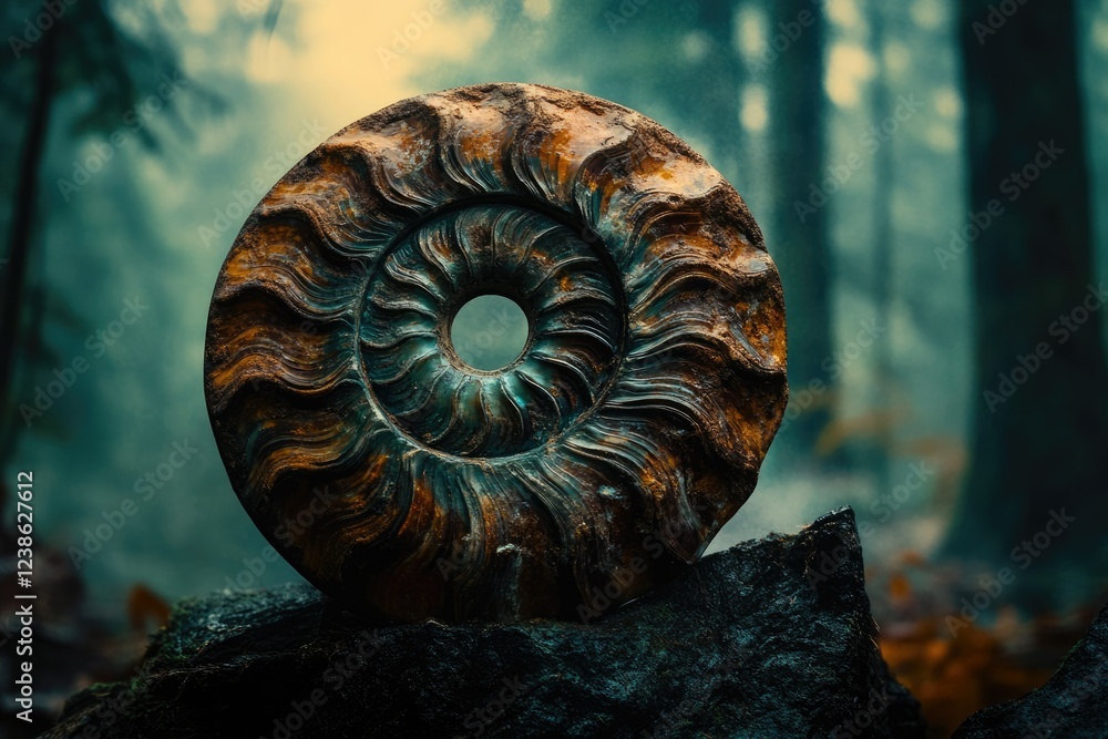 Poster ancient ammonite fossil rests on a dark rock in a mystical forest, showcasing intricate spiral patte
