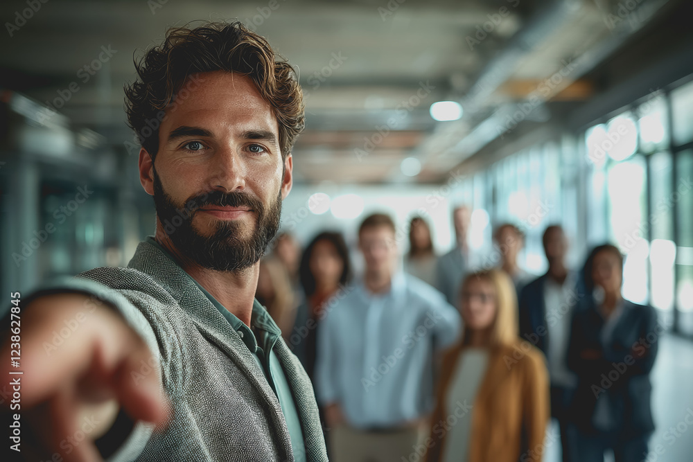 Poster man with a beard pointing directly at the camera in a well-lit setting with a neutral background
