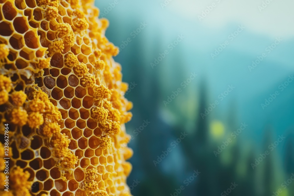 Poster close-up of honeycomb filled with pollen, showcasing intricate hexagonal cells and vibrant yellow co