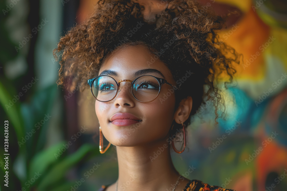 Poster woman with glasses smiling in front of a vibrant and colorful background with abstract patterns and 