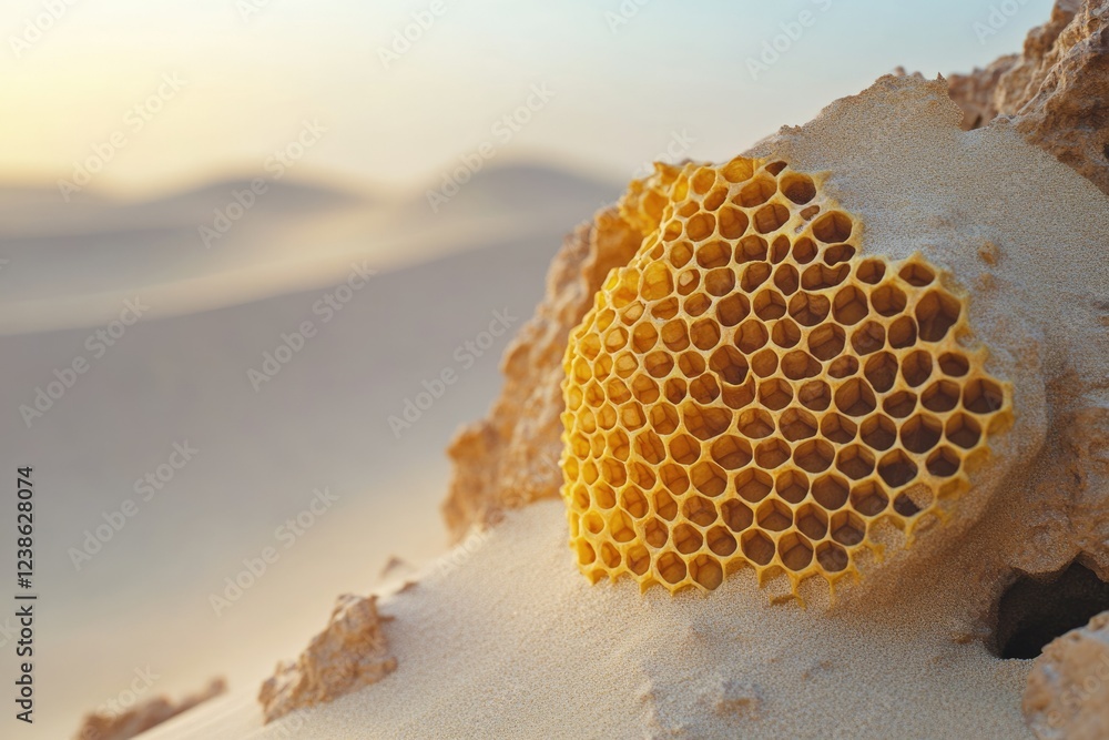 Poster empty honeycomb rests on desert sand, sunlight illuminating its hexagonal structure.