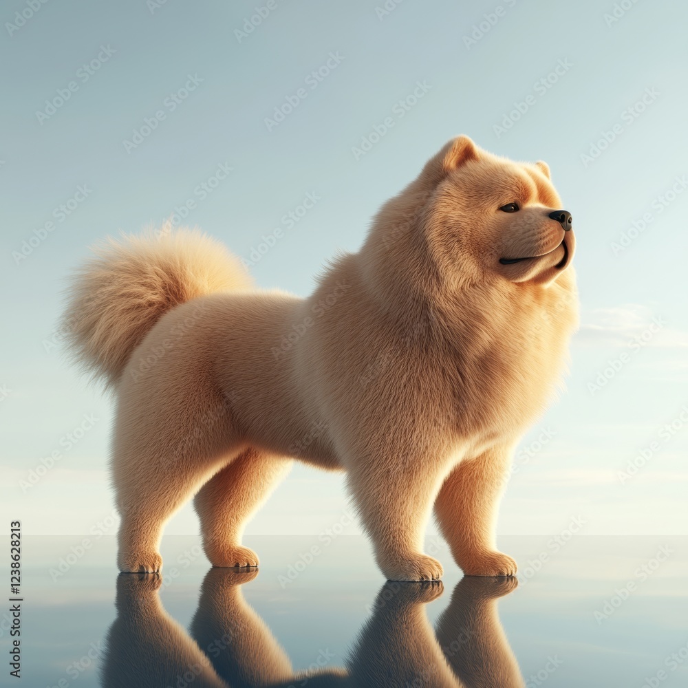 Poster realistic 3d render of chow chow dog standing on smooth surface