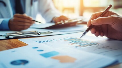 In a medical office, a health professional analyzes patient charts while discussing findings with a colleague, emphasizing collaborative care and data review