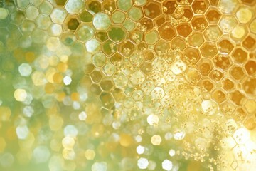 Honeycomb texture, golden yellow hues, blurred background, abstract nature.
