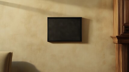 Black rectangular frame on a warm beige wall with subtle wooden accents and neutral decor elements.