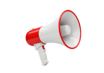 A red and white megaphone with a sleek modern design, isolated on a white background