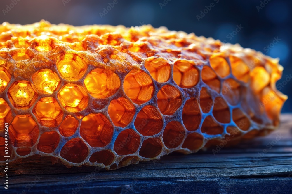 Poster a close-up of honeycomb, showcasing its intricate hexagonal structure and golden hue.