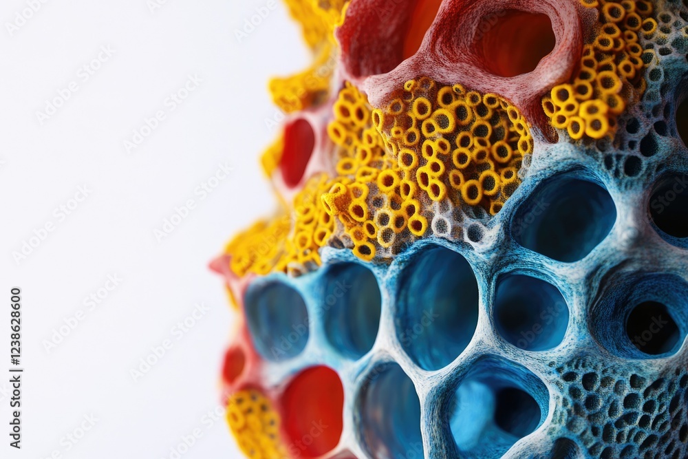 Poster abstract 3d render of a colorful porous structure resembling coral or a cellular network.