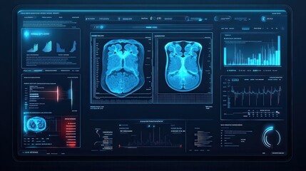 CT scan interface displayed on a monitor screen. High-tech medical imaging interface displaying brain scans and data analytics.