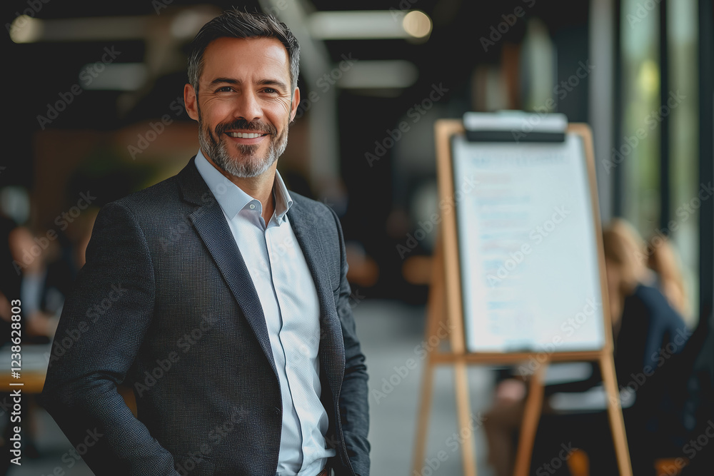 Poster man in a suit standing in front of a whiteboard with charts and graphs during a business presentatio