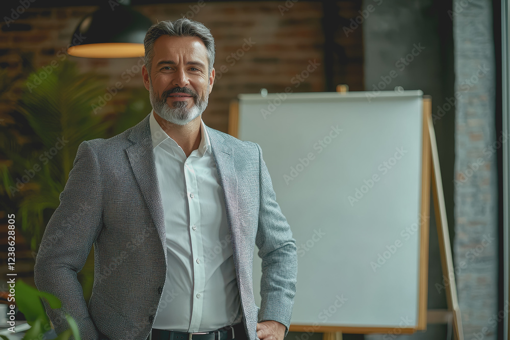 Poster man in a suit standing in front of a whiteboard with business concepts and charts during a presentat