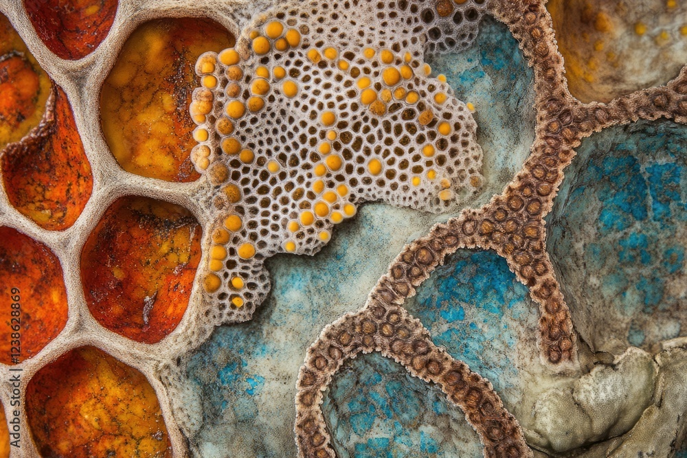 Poster abstract close-up showcasing vibrant honeycomb-like structures with textured surfaces in hues of ora