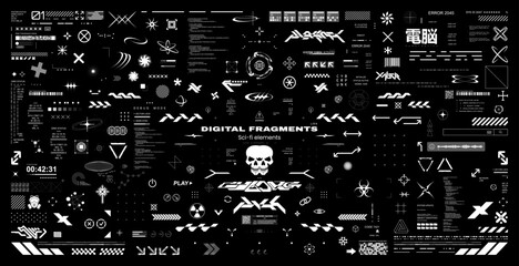 Futuristic HUD interface, big set in cyberpunk style, data panels, glitch effects, HUD, UI, UX, high-tech graphic elements. Vector set for interface design. Translation from Japanese - cybernetics