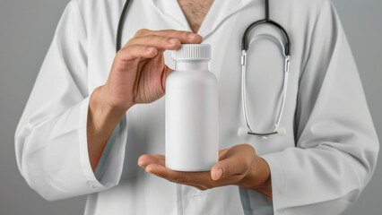Doctor Holding a White Medicine Bottle