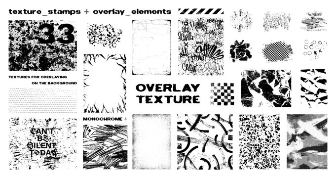 Fototapeta Textures for overlay - concrete, graffiti wall, grunge frame, brush strokes, scuffs, old texture and others. Overlay effects for adding vintage. Vector stamps - background frames. Grunge graphic box
