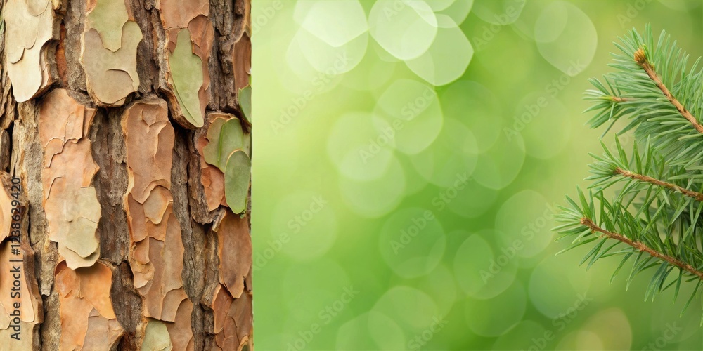 Poster Close-up of tree bark texture with blurred green background and evergreen branch