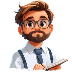 Cartoon illustration of a man with glasses, beard, and notepad.