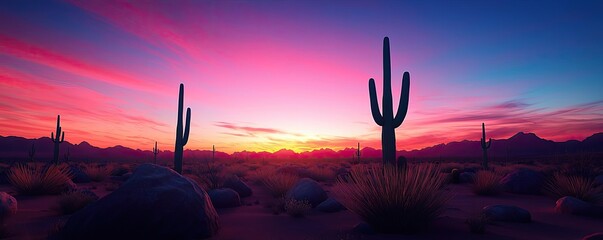 Naklejka premium Desert sunset nature concept. Stunning desert sunset with silhouetted cacti against vibrant sky colors.