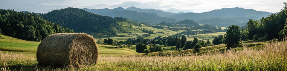 Obraz premium Hay Bale in Rural Landscape with Mountain Range