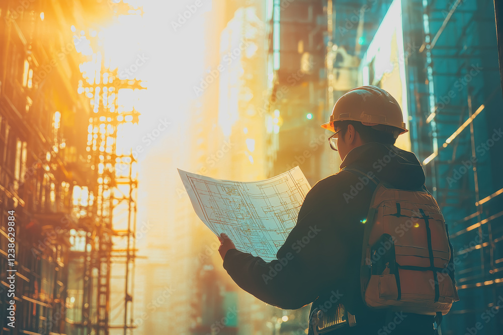Poster man in hard hat observing construction site with scaffolding and building materials during daytime w