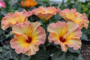 A vibrant cluster of hibiscus flowers in shades of peach and yellow, showcasing their large, delicate petals against green foliage.