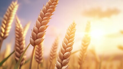 Golden wheat ears glisten in the sunlight, showcasing a serene field bathed in warm, natural hues.