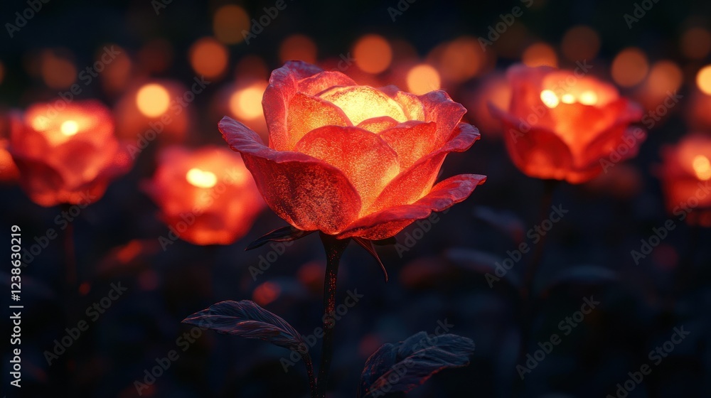 Poster glowing red roses illuminated by soft lights in a tranquil garden setting at dusk. generative ai