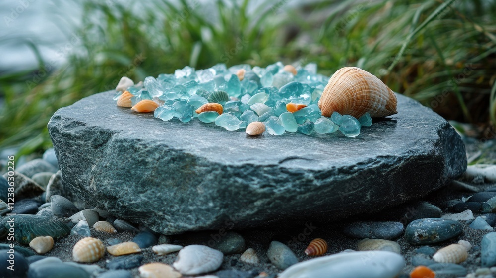 Poster a stunning display of colorful sea glass and seashells adorns a smooth, flat stone by the water's ed