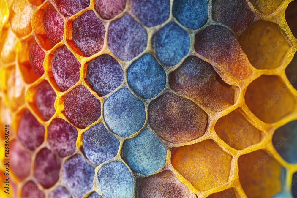 Poster close-up view of a honeycomb, showcasing its intricate hexagonal structure and vibrant colors.